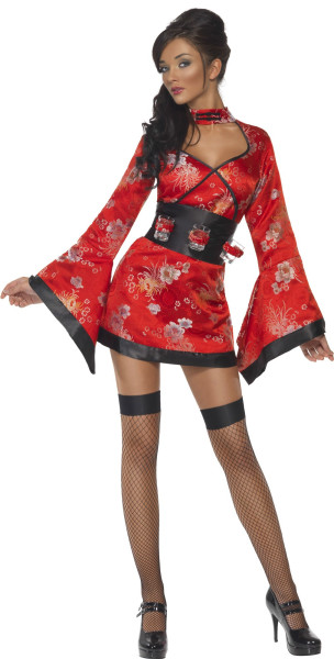 Sexy Geisha Damenkostüm Deluxe In Rot-Schwarz 4