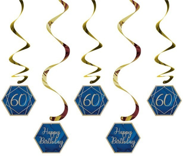 5 blue and gold hanging swirls 60th birthday 99cm