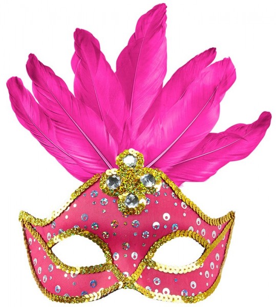 Neon Pink Venetian Eye Mask With Feathers 2