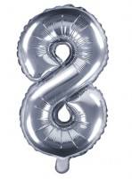 Oversigt: Nummer 8 folie ballon sølv 35cm