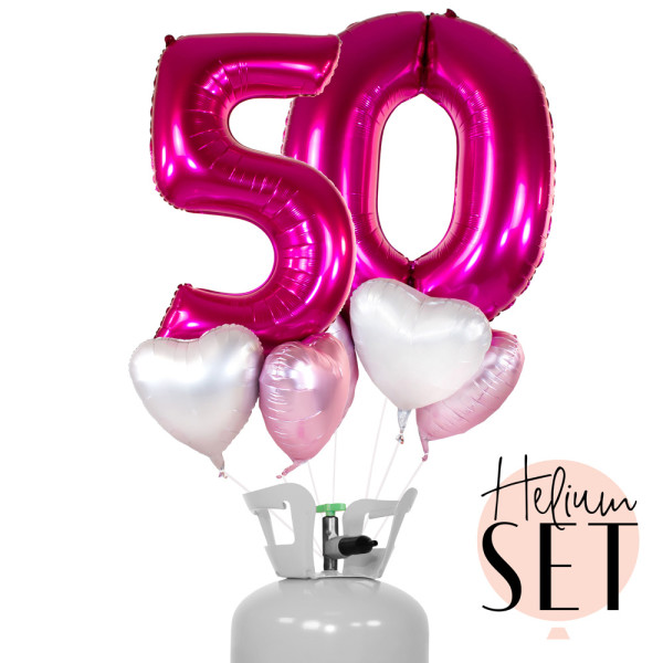 XXL Zahl 50 Pink Ballonbouquet-Set mit Heliumbehälter
