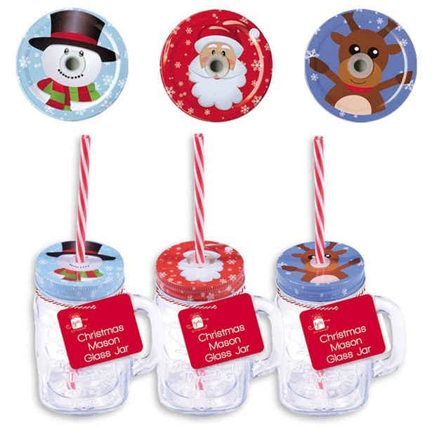 1 Weihnachtsglas mit Deckel und Trinkhalm