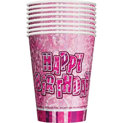 8 vasos de papel Happy Pink Sparkling Birthday 266ml 2