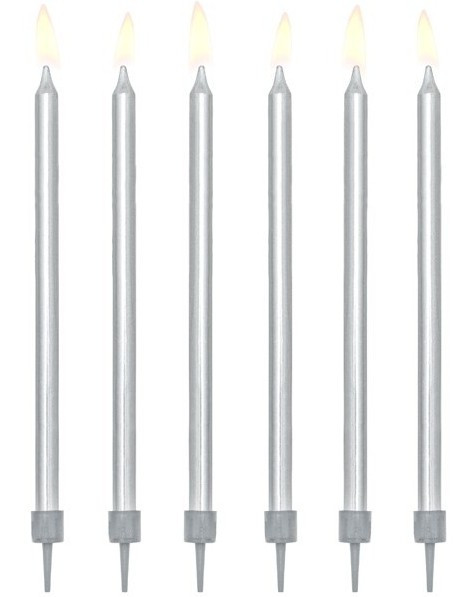 12 birthday candles silver metallic with holders