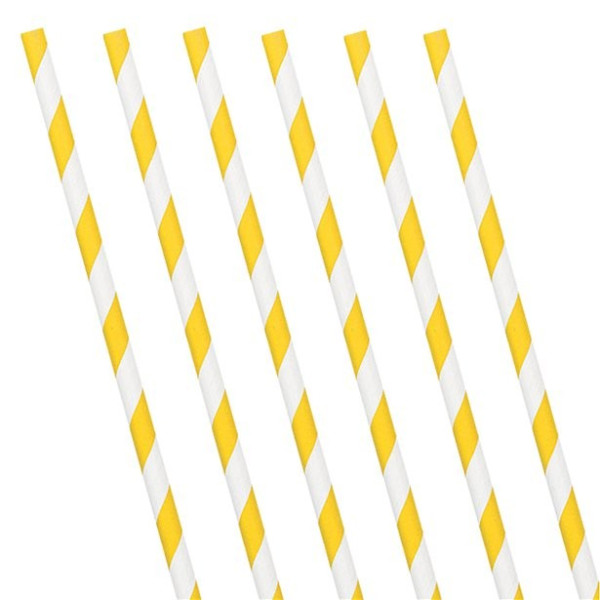 24 pailles en papier à rayures jaunes et blanches