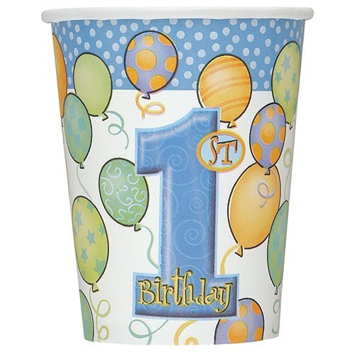 8 Blue Balloon Birthday Party paper cups 266ml