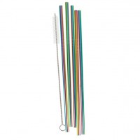 5 rainbow-colored stainless steel drinking straws with brush