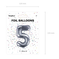 Widok: Balon foliowy Cyfra 5 srebrny 35cm