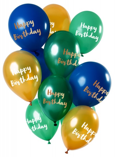 12 Latexballons Happy Bday Grün Gold