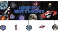 Space party happy birthday banner with tags 1.5m