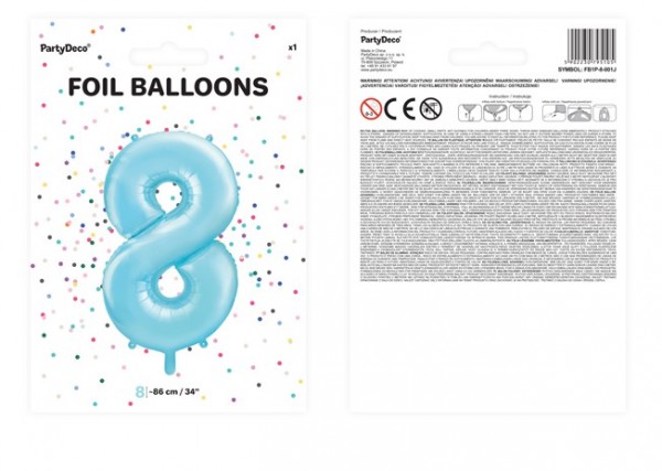 Nummer 8 folie ballon hemelsblauw 86cm 2