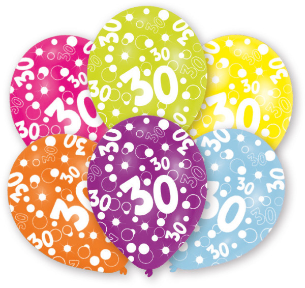 6 ballonger Bubbles 30-årsdag färgglada 27,5cm